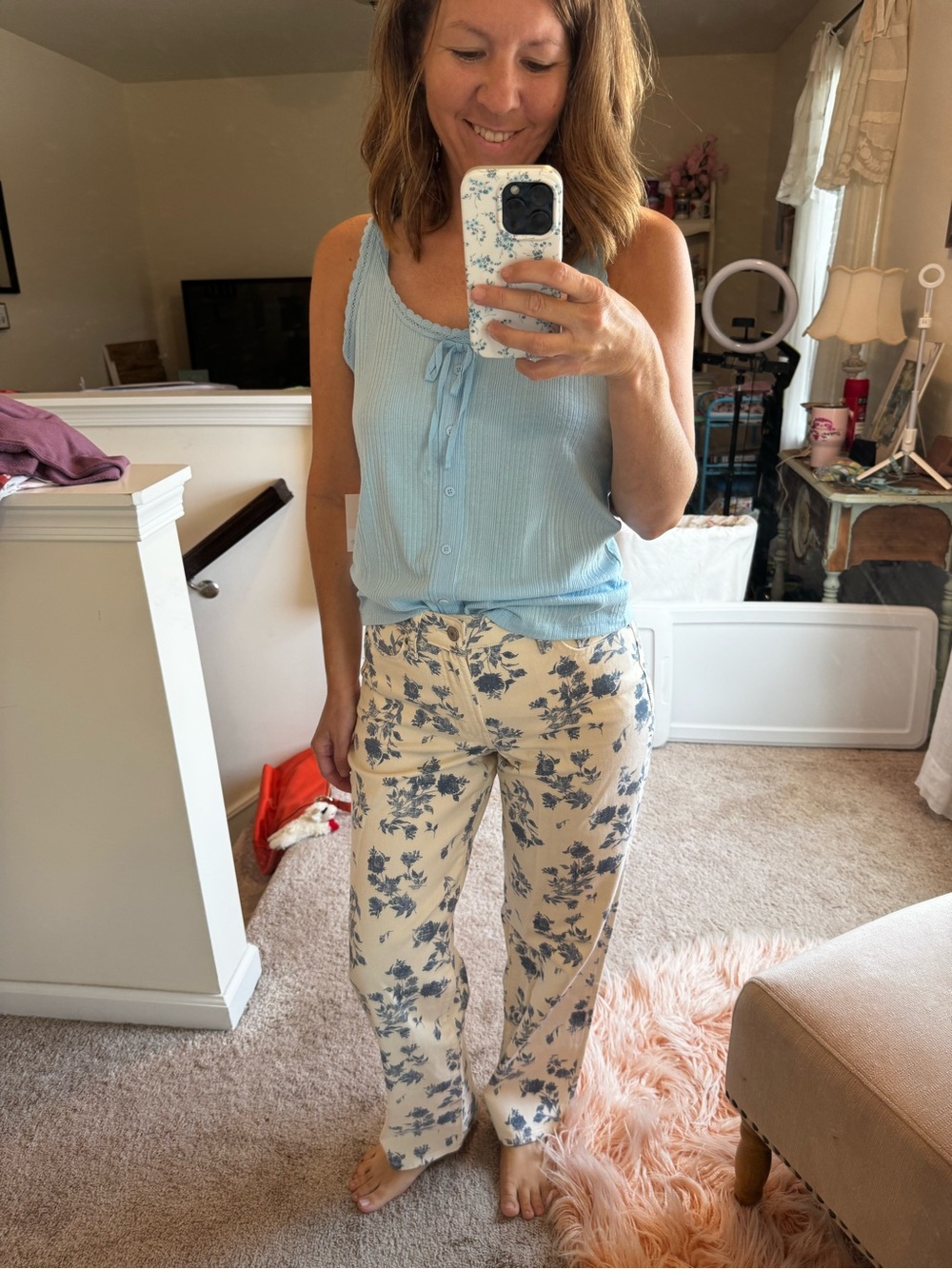 Old Navy Blue Floral curvy Heighway waisted loose jeans
